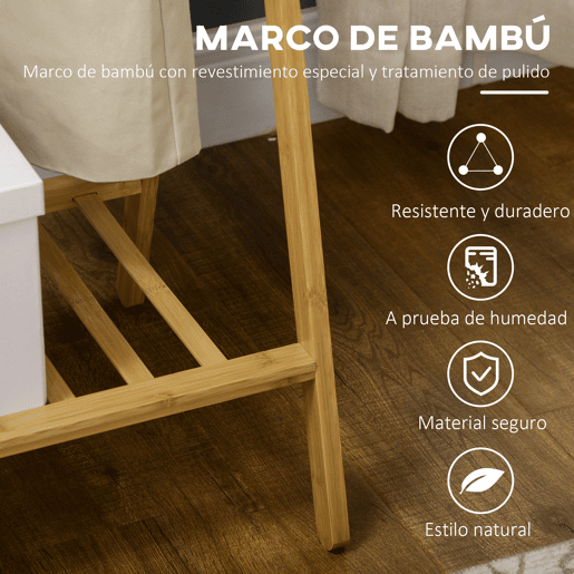 HOMCOM Suporte para Cabides de Bambu Porta Cabides com Prateleira para Sapatos 2 Barras e 2 Ganchos para Corredor Entrada Dormitório 74x42x150 cm Madeira