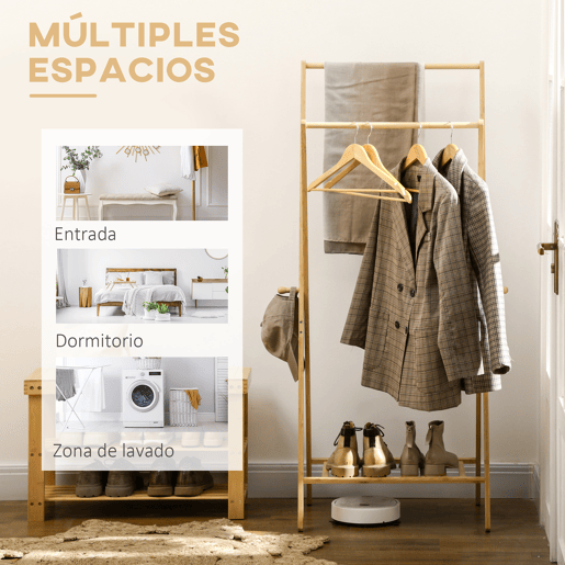 HOMCOM Suporte para Cabides de Bambu Porta Cabides com Prateleira para Sapatos 2 Barras e 2 Ganchos para Corredor Entrada Dormitório 74x42x150 cm Madeira