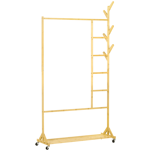 HOMCOM Suporte para Cabides de Bambu com Rodas Porta Cabides Multifuncional com 6 Ganchos Barra e Prateleira para Corredor Entrada Dormitório 100x37x191 cm Madeira