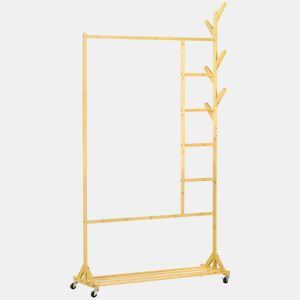HOMCOM Suporte para Cabides de Bambu com Rodas Porta Cabides Multifuncional com 6 Ganchos Barra e Prateleira para Corredor Entrada Dormitório 100x37x191 cm Madeira