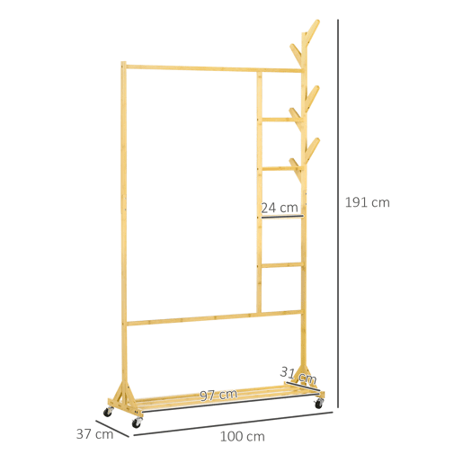 HOMCOM Suporte para Cabides de Bambu com Rodas Porta Cabides Multifuncional com 6 Ganchos Barra e Prateleira para Corredor Entrada Dormitório 100x37x191 cm Madeira