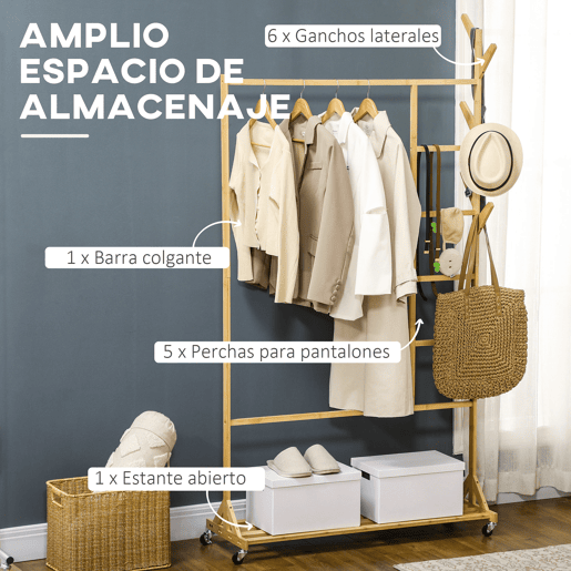 HOMCOM Suporte para Cabides de Bambu com Rodas Porta Cabides Multifuncional com 6 Ganchos Barra e Prateleira para Corredor Entrada Dormitório 100x37x191 cm Madeira