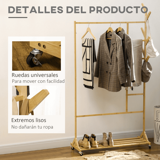 HOMCOM Suporte para Cabides de Bambu com Rodas Porta Cabides Multifuncional com 6 Ganchos Barra e Prateleira para Corredor Entrada Dormitório 100x37x191 cm Madeira