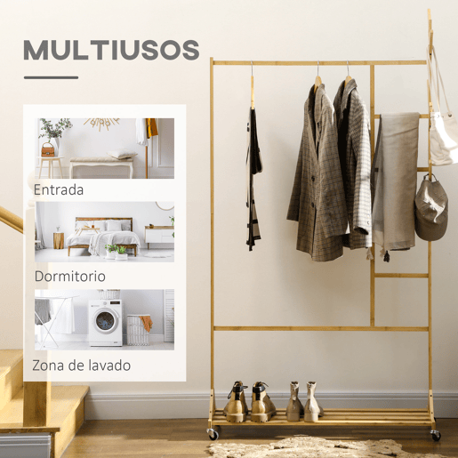 HOMCOM Suporte para Cabides de Bambu com Rodas Porta Cabides Multifuncional com 6 Ganchos Barra e Prateleira para Corredor Entrada Dormitório 100x37x191 cm Madeira