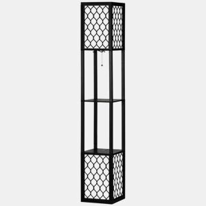 HOMCOM Candeeiro de Pé de Madeira Candeeiro de Pé com Estantes Lâmpada E27 Máx. 40W com Interruptor para Sala de Estar Dormitório Escritório 26x26x156cm Preto e Branco