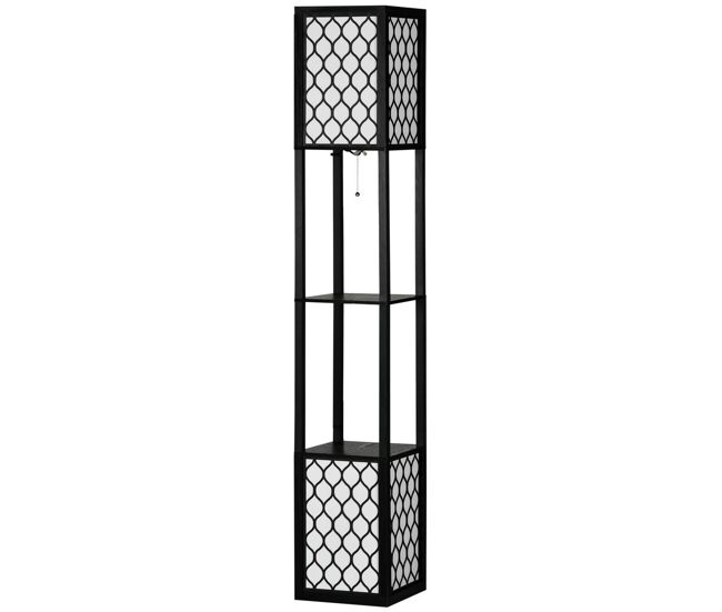Homcom lámpara de pie moderna con estantes, lámpara de pie para salón casquillo e27, 40 w, con pantallas de tela de malla e interruptor de cadena, para dormitorio, oficina y sala de estar, negro