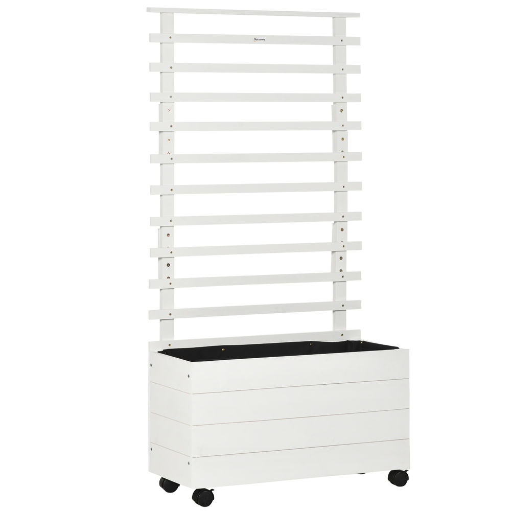 Outsunny jardinera con enrejado de madera maciza con 4 ruedas macetero de jardín con soporte para trepadora y tela geotextil para cultivos plantas flores en exterior 76x30x155 cm blanco