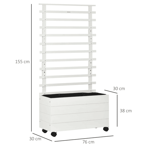 Outsunny Floreira com Treliça de Madeira Maciça com 4 Rodas Caixa de Plantio com Suporte para Plantas Trepadeiras e Malha Geotêxtil para Cultivos de Plantas Flores 76x30x155 cm Branco