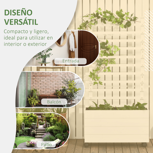 Outsunny Floreira com Treliça de Madeira Maciça com 4 Rodas Caixa de Plantio com Suporte para Plantas Trepadeiras e Malha Geotêxtil para Cultivos de Plantas Flores 76x30x155 cm Branco