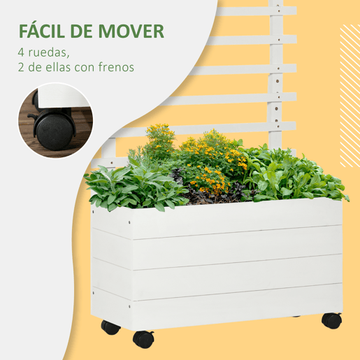 Outsunny Floreira com Treliça de Madeira Maciça com 4 Rodas Caixa de Plantio com Suporte para Plantas Trepadeiras e Malha Geotêxtil para Cultivos de Plantas Flores 76x30x155 cm Branco