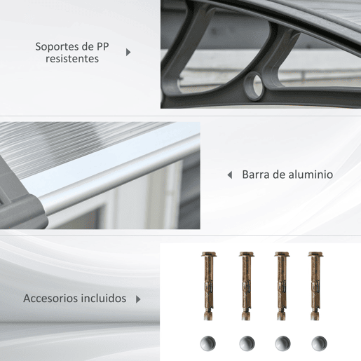Outsunny Cobertura Exterior para Portas e Janelas, 110x60 cm, Telhado de Proteção contra Sol e Chuva, com Cobertura de Policarbonato, Suportes em PP e Barra de Alumínio, Cinzento e Transparente Outsunny Cobertura Exterior para Portas e Janelas, 110x60 cm, Telhado de Proteção contra Sol e Chuva, com Cobertura de Policarbonato, Suportes em PP e Barra de Alumínio, Cinzento e Transparente