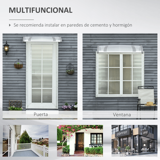 Outsunny Cobertura Exterior para Portas e Janelas, 110x60 cm, Telhado de Proteção contra Sol e Chuva, com Cobertura de Policarbonato, Suportes em PP e Barra de Alumínio, Cinzento e Transparente Outsunny Cobertura Exterior para Portas e Janelas, 110x60 cm, Telhado de Proteção contra Sol e Chuva, com Cobertura de Policarbonato, Suportes em PP e Barra de Alumínio, Cinzento e Transparente