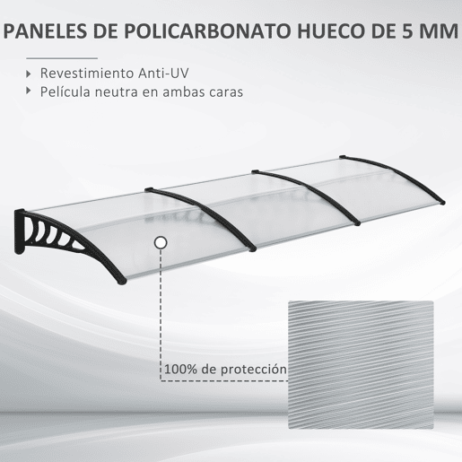 Outsunny Canopy Canopy 303x96 cm Dossel exterior para portas e janelas contra o sol e a chuva com suporte transparente em liga de alumínio PP policarbonato