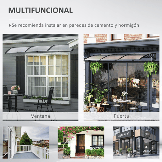 Outsunny Canopy Canopy 303x96 cm Dossel exterior para portas e janelas contra o sol e a chuva com suporte transparente em liga de alumínio PP policarbonato
