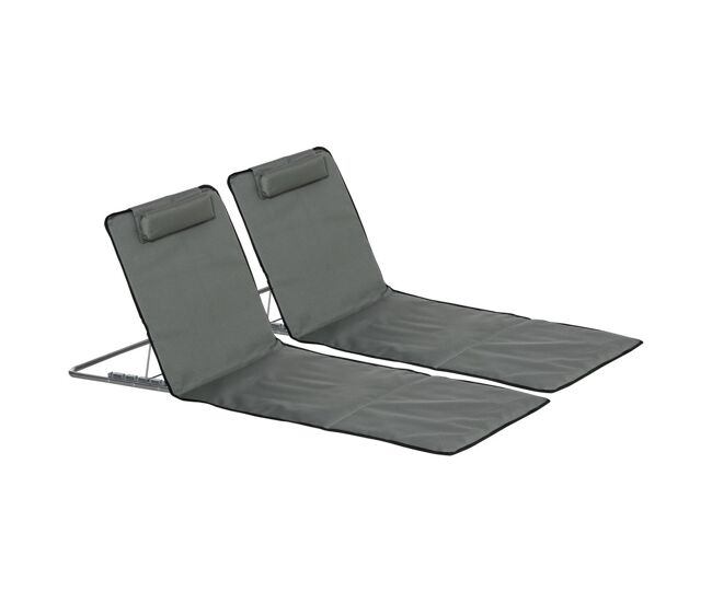 Outsunny set de 2 esterillas de playa plegables 124x53x35-45 cm con respaldo ajustable 5 niveles y reposacabezas esteras de playa portátil tela oxford acero con bolsa transporte para jardín gris