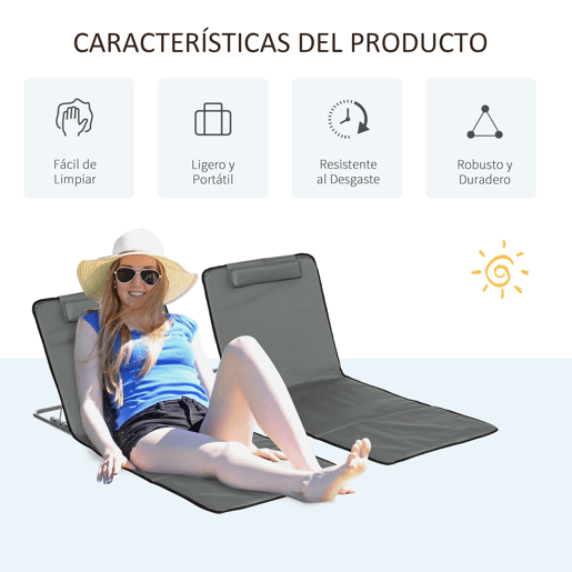 Outsunny Conjunto de 2 Esteiras de Praia Dobráveis 124x53x35-45 cm com Encosto Ajustável em 5 Níveis e Almofada de Cabeça Esteiras Portáteis em Tecido Oxford e Aço com Bolsa de Transporte para Jardim Cinzento