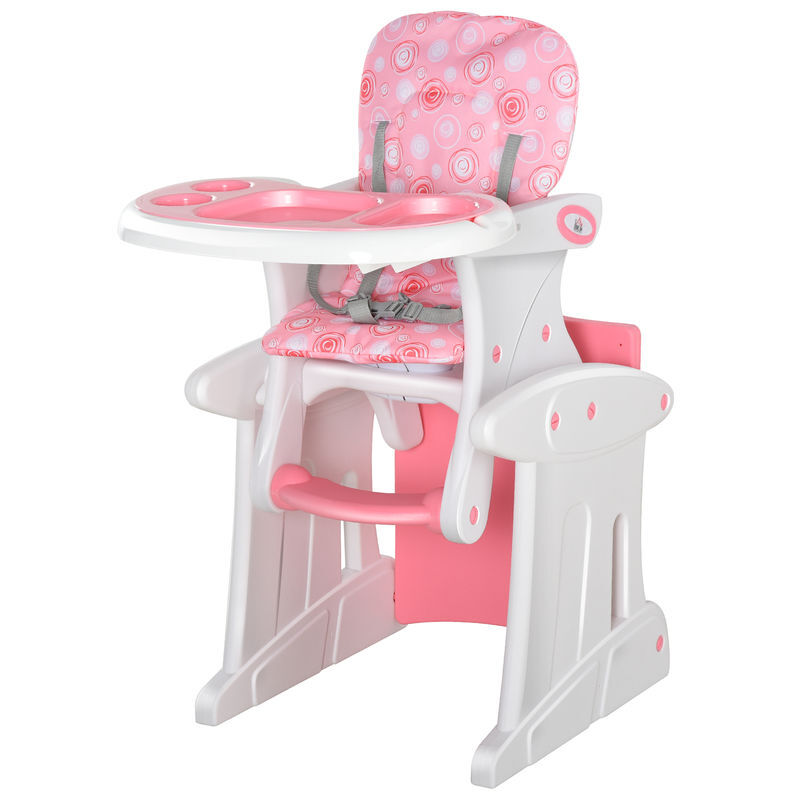 Homcom trona para bebés 2 en 1 para 6 meses a 6 años transformable en mesa y silla multifuncional ajustable en 3 posiciones respaldo alto acolchado con 2 bandejas extraíbles 57x59x105 cm rosa