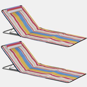 Outsunny Conjunto de 2 Esteiras de Praia Dobráveis 124x53x35-45 cm com Encosto Ajustável em 5 Posições e Almofada de Cabeça Esteiras Portáteis em Tecido Oxford com Estrutura de Aço e Bolsa de Transporte para Jardim Multicolor