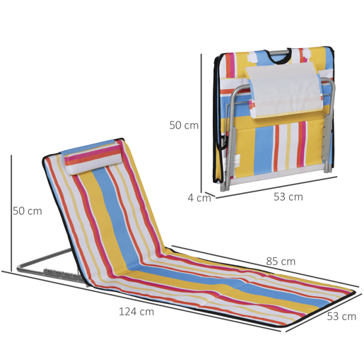 Outsunny Conjunto de 2 Esteiras de Praia Dobráveis 124x53x35-45 cm com Encosto Ajustável em 5 Posições e Almofada de Cabeça Esteiras Portáteis em Tecido Oxford com Estrutura de Aço e Bolsa de Transporte para Jardim Multicolor