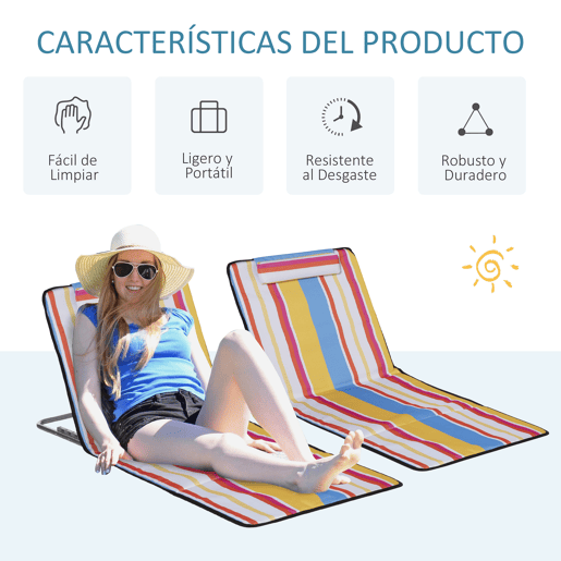 Outsunny Conjunto de 2 Esteiras de Praia Dobráveis 124x53x35-45 cm com Encosto Ajustável em 5 Posições e Almofada de Cabeça Esteiras Portáteis em Tecido Oxford com Estrutura de Aço e Bolsa de Transporte para Jardim Multicolor
