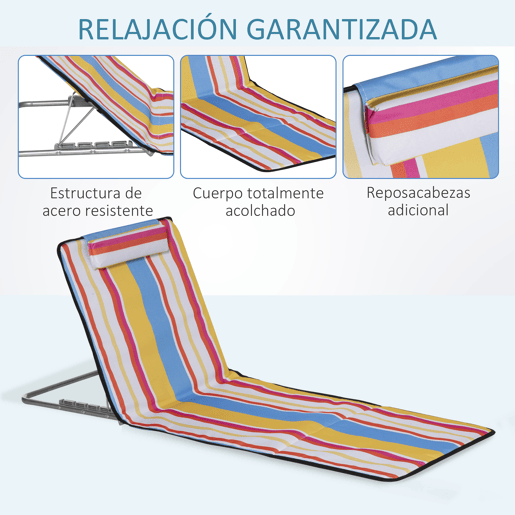Outsunny Conjunto de 2 Esteiras de Praia Dobráveis 124x53x35-45 cm com Encosto Ajustável em 5 Posições e Almofada de Cabeça Esteiras Portáteis em Tecido Oxford com Estrutura de Aço e Bolsa de Transporte para Jardim Multicolor