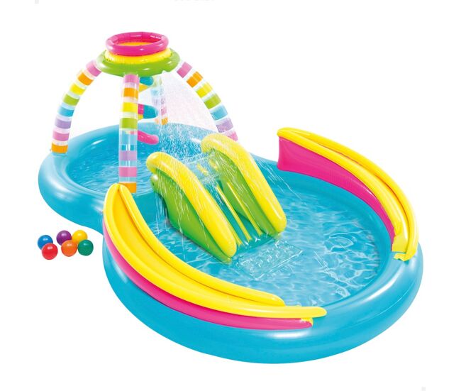 Piscina hinchable 2 en 1 multicolor c/tobogán, difusor y juego bolas intex