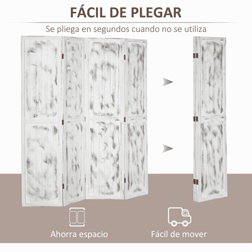 HOMCOM Biombo Dobrável de 4 Painéis Separador de Ambientes 160,5x170cm Divisória de Ambientes Decoração Elegante para Dormitórios Sala de Estar Cozinha Branco Rústico