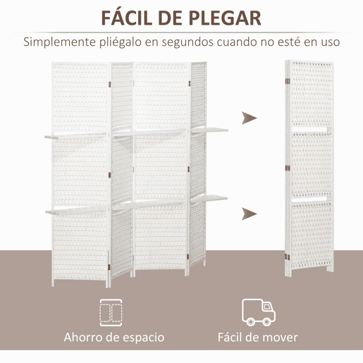 HOMCOM Biombo Divisor de 4 Painéis Dobrável Separador de Ambientes 181x180cm Divisor de Ambientes com Prateleiras Decoração para Dormitórios Sala de Estar Branco
