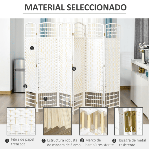 HOMCOM Biombo de 6 Paineis Separador de Ambientes Dobrável 242x170cm Divisória de Habitações de Fibra de Papel Decoração Elegante para Dormitório Sala de Estar Branco
