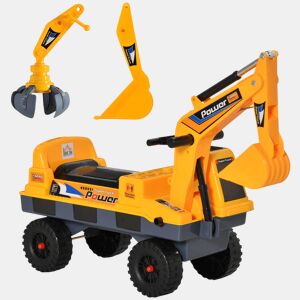 HOMCOM Escavadora Infantil sem Pedais para Crianças de 2-3 anos Carro Andador com Pá Pinça de Agarrar Luzes Música e Armazenamento Oculto 90x28x58cm Amarelo