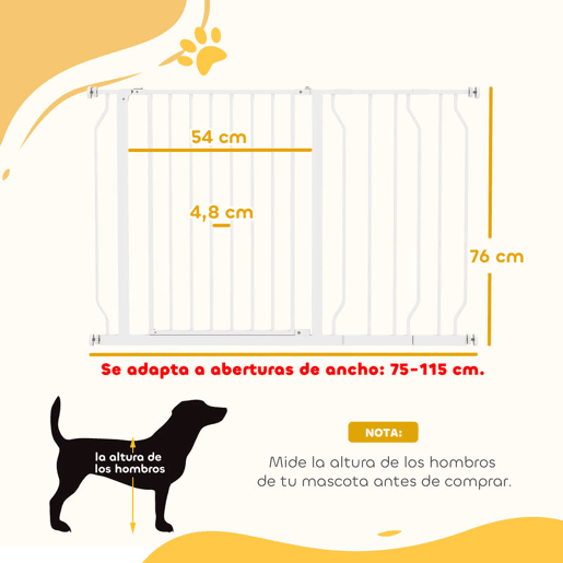 PawHut Barreira de Segurança para Cães Extensível para Escadas e Portas 75-115cm com 2 Extensões e 10-20cm Montagem a Pressão Aço Altura 76cm Branco
