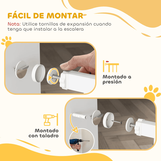 PawHut Barreira de Segurança para Cães Extensível para Escadas e Portas 75-115cm com 2 Extensões e 10-20cm Montagem a Pressão Aço Altura 76cm Branco