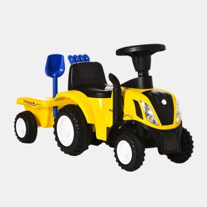 HOMCOM Trator para Crianças de 12-36 Meses com Reboque Removível Carro Andador com Buzina Farol Pá e Ancinho Carga 25kg 91x29x44cm Amarelo