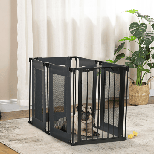 PawHut Parque Dobrável para Cães de 6 Painéis Barreira de Segurança para Animais de Estimação com Tecido de Oxford Sistema de Fechamento Automático para Cães 117x103x74cm Preto
