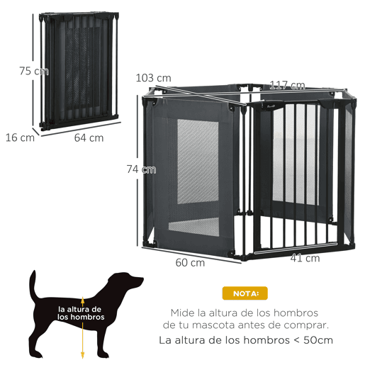 PawHut Parque Dobrável para Cães de 6 Painéis Barreira de Segurança para Animais de Estimação com Tecido de Oxford Sistema de Fechamento Automático para Cães 117x103x74cm Preto