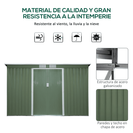 Outsunny Abrigo de Jardim 280x130x172cm Abrigo de Exterior de Aço Galvanizado com Porta Corredeira e Ventilações para Armazenamento de Ferramentas Verde Claro