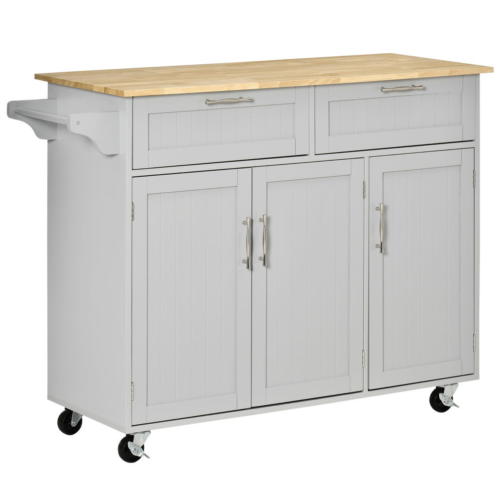 Homcom isla de cocina con ruedas carro de cocina mueble auxiliar de cocina con 2 cajones 3 puertas y barra lateral para comedor 121x46x91 cm gris