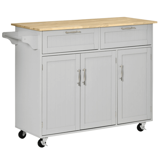 HOMCOM Carrinho de Cozinha com Rodas Carrinho de Cozinha Multiuso com 2 Gavetas 3 Portas Prateleiras Ajustáveis e Barra para Sala de Jantar 121x46x91cm Cinza e Madeira