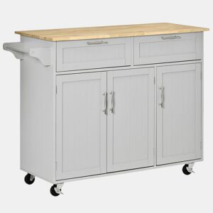 HOMCOM Carrinho de Cozinha com Rodas Carrinho de Cozinha Multiuso com 2 Gavetas 3 Portas Prateleiras Ajustáveis e Barra para Sala de Jantar 121x46x91cm Cinza e Madeira