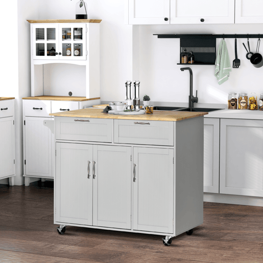 HOMCOM Carrinho de Cozinha com Rodas Carrinho de Cozinha Multiuso com 2 Gavetas 3 Portas Prateleiras Ajustáveis e Barra para Sala de Jantar 121x46x91cm Cinza e Madeira