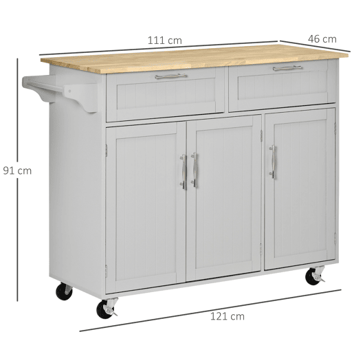 HOMCOM Carrinho de Cozinha com Rodas Carrinho de Cozinha Multiuso com 2 Gavetas 3 Portas Prateleiras Ajustáveis e Barra para Sala de Jantar 121x46x91cm Cinza e Madeira
