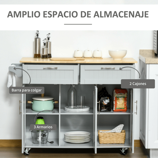 HOMCOM Carrinho de Cozinha com Rodas Carrinho de Cozinha Multiuso com 2 Gavetas 3 Portas Prateleiras Ajustáveis e Barra para Sala de Jantar 121x46x91cm Cinza e Madeira