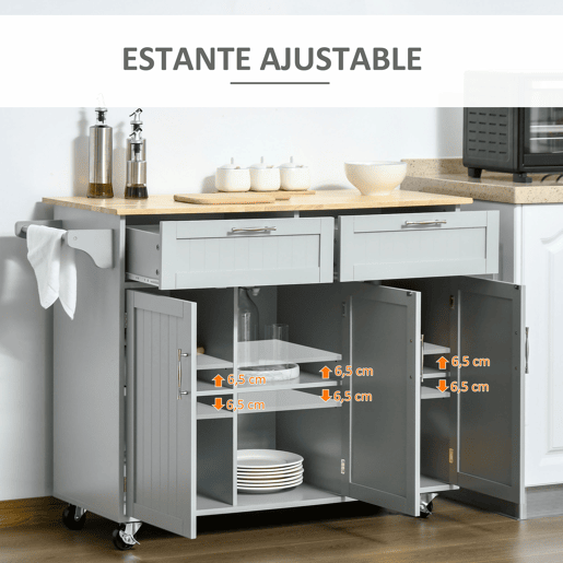 HOMCOM Carrinho de Cozinha com Rodas Carrinho de Cozinha Multiuso com 2 Gavetas 3 Portas Prateleiras Ajustáveis e Barra para Sala de Jantar 121x46x91cm Cinza e Madeira