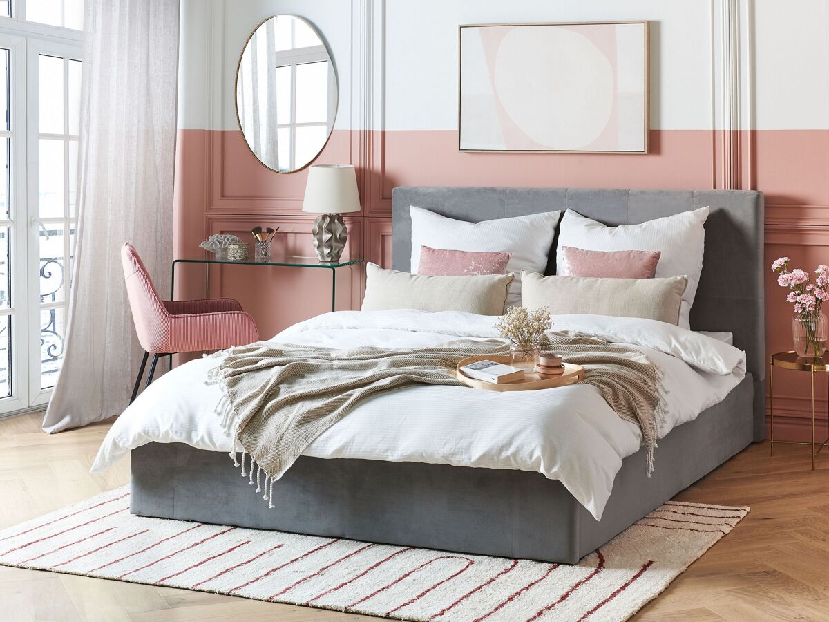 Beliani Cama con almacenaje Terciopelo LORIENT 177x216 Gris Claro