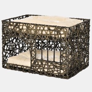 PawHut Cesta de Vime para Gatos de 2 Alturas Cama Caverna de Gatos com 2 Almofadas Suaves e Janela 56x41x45cm Café Escuro
