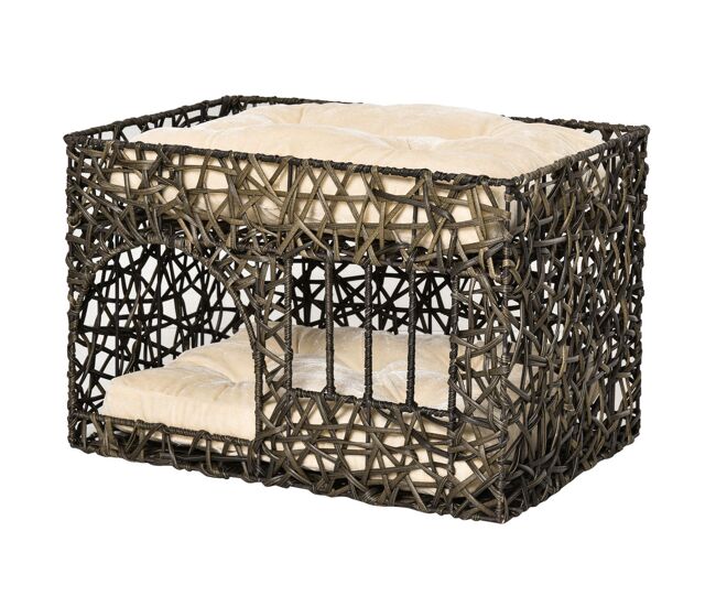 Pawhut cesta de ratán para gatos de 2 alturas cama cueva de gatos con 2 cojines suaves y ventana 56x41x45 cm café oscuro