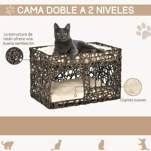 PawHut Cesta de Vime para Gatos de 2 Alturas Cama Caverna de Gatos com 2 Almofadas Suaves e Janela 56x41x45cm Café Escuro