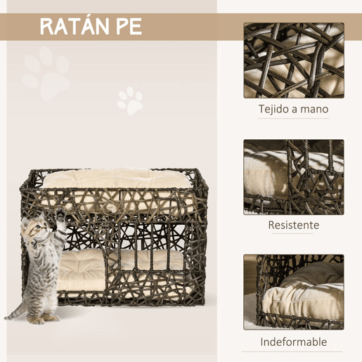 PawHut Cesta de Vime para Gatos de 2 Alturas Cama Caverna de Gatos com 2 Almofadas Suaves e Janela 56x41x45cm Café Escuro