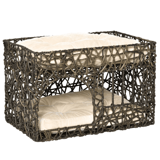 PawHut Cesta de Vime para Gatos de 2 Alturas Cama Caverna de Gatos com 2 Almofadas Suaves e Janela 56x41x45cm Café Escuro