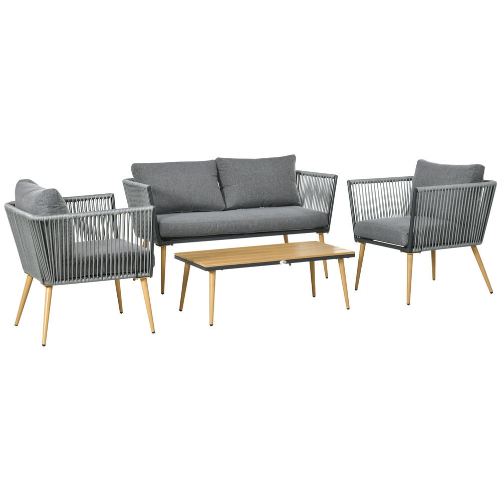 Outsunny juego de muebles de jardín de ratán 4 piezas juego de conversación incluye sofá de 2 plazas 2 sillones y mesa de centro de tablero de madera y plástico cojines anti-uv para terraza patio gris